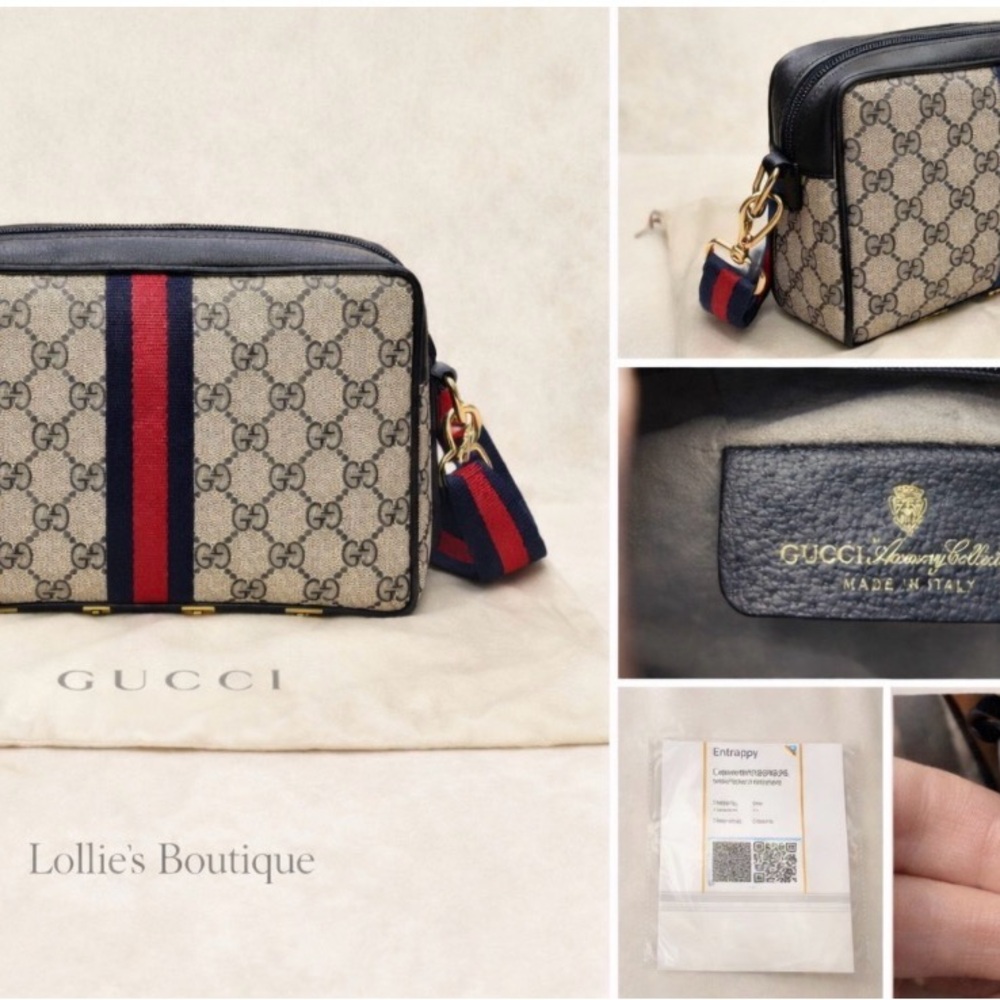 Gucci Beige and Navy Shoulder Bag with Red Stripe